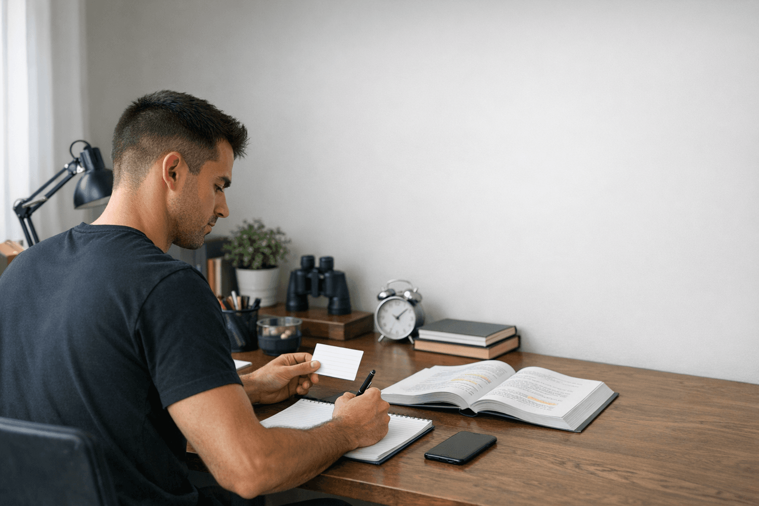 Opositor repasando con método de pregunta y respuesta en una mesa de estudio