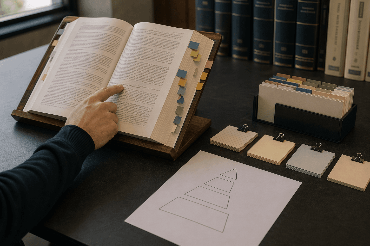 Código legal con pestañas sobre atril de estudio y mano señalando la jerarquía del artículo