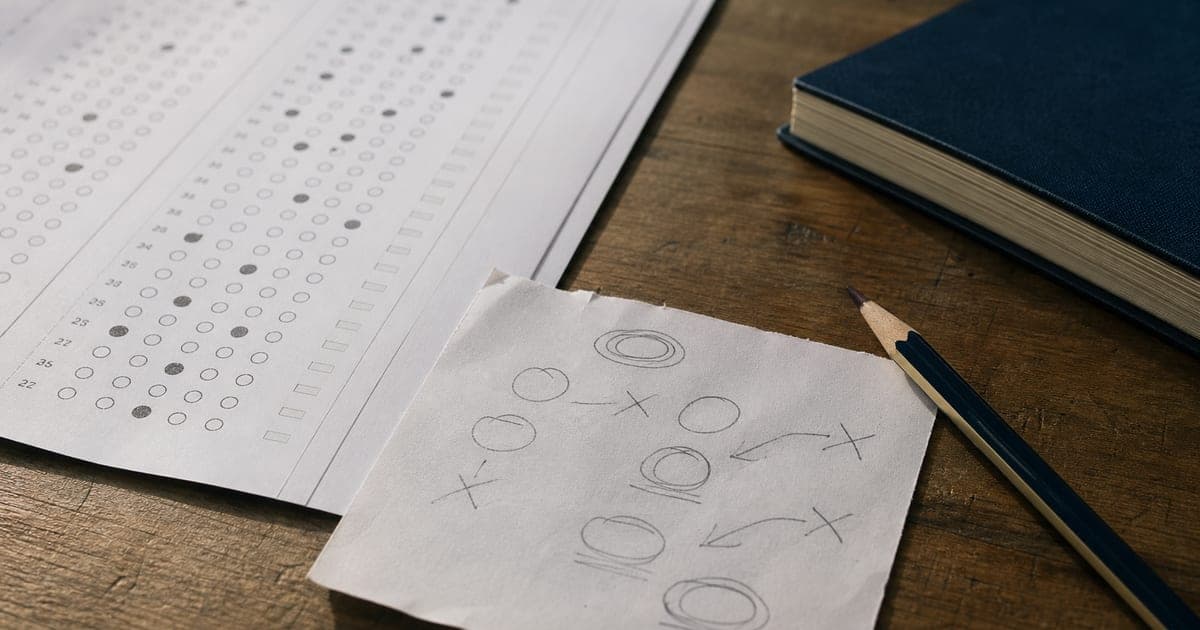 Hoja de respuestas de un examen tipo test junto a una nota con marcas de descarte
