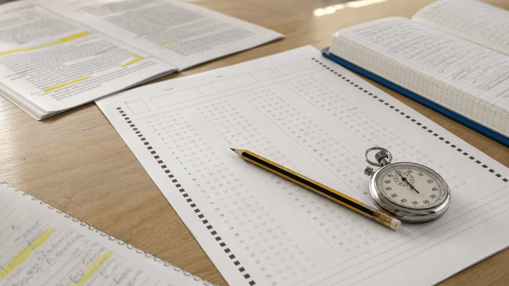 Hoja de respuestas, cronómetro y lápiz sobre una mesa de estudio para simular un test de oposición