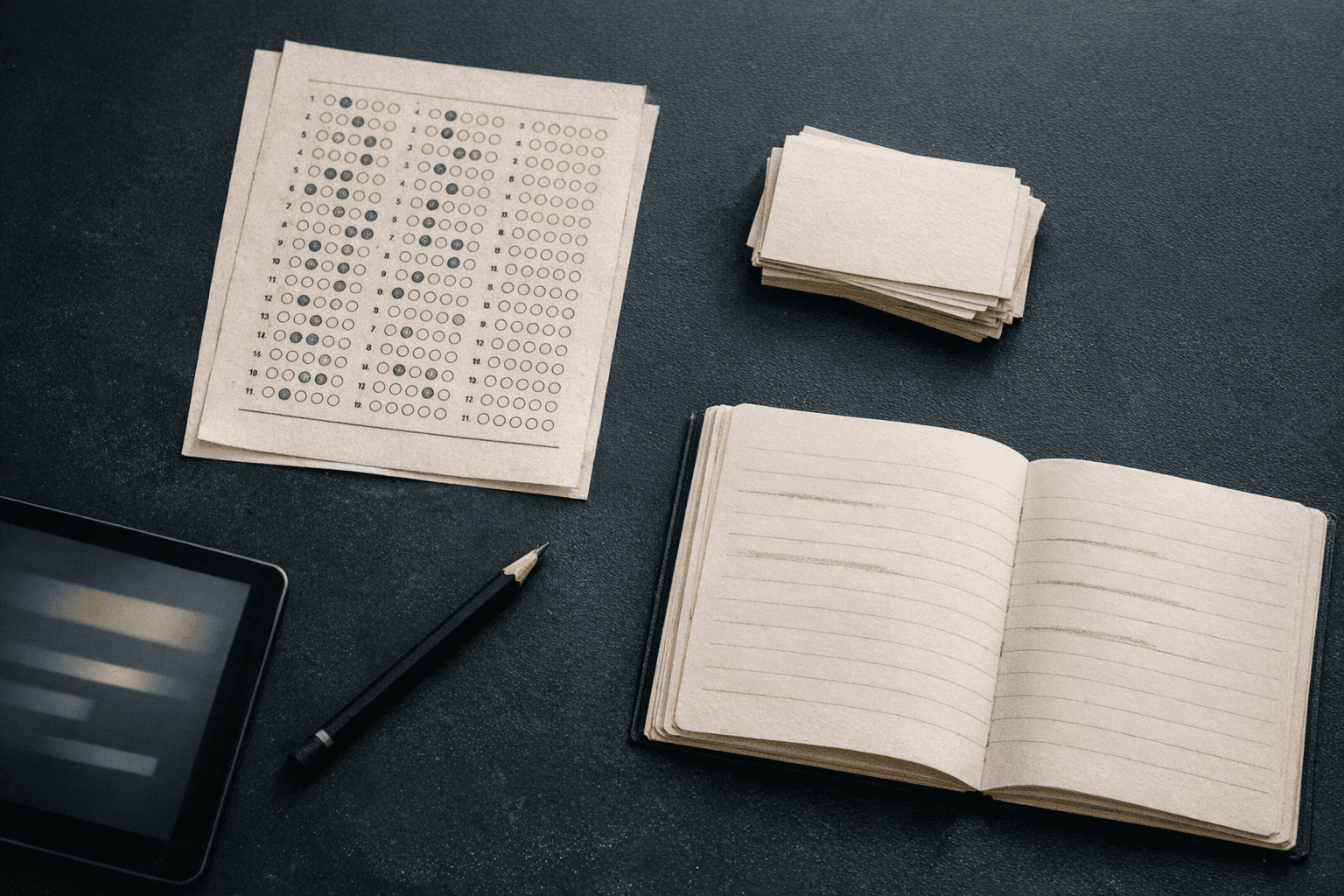 Mesa de estudio sobria con hoja de examen, fichas y cuaderno sobre fondo azul oscuro