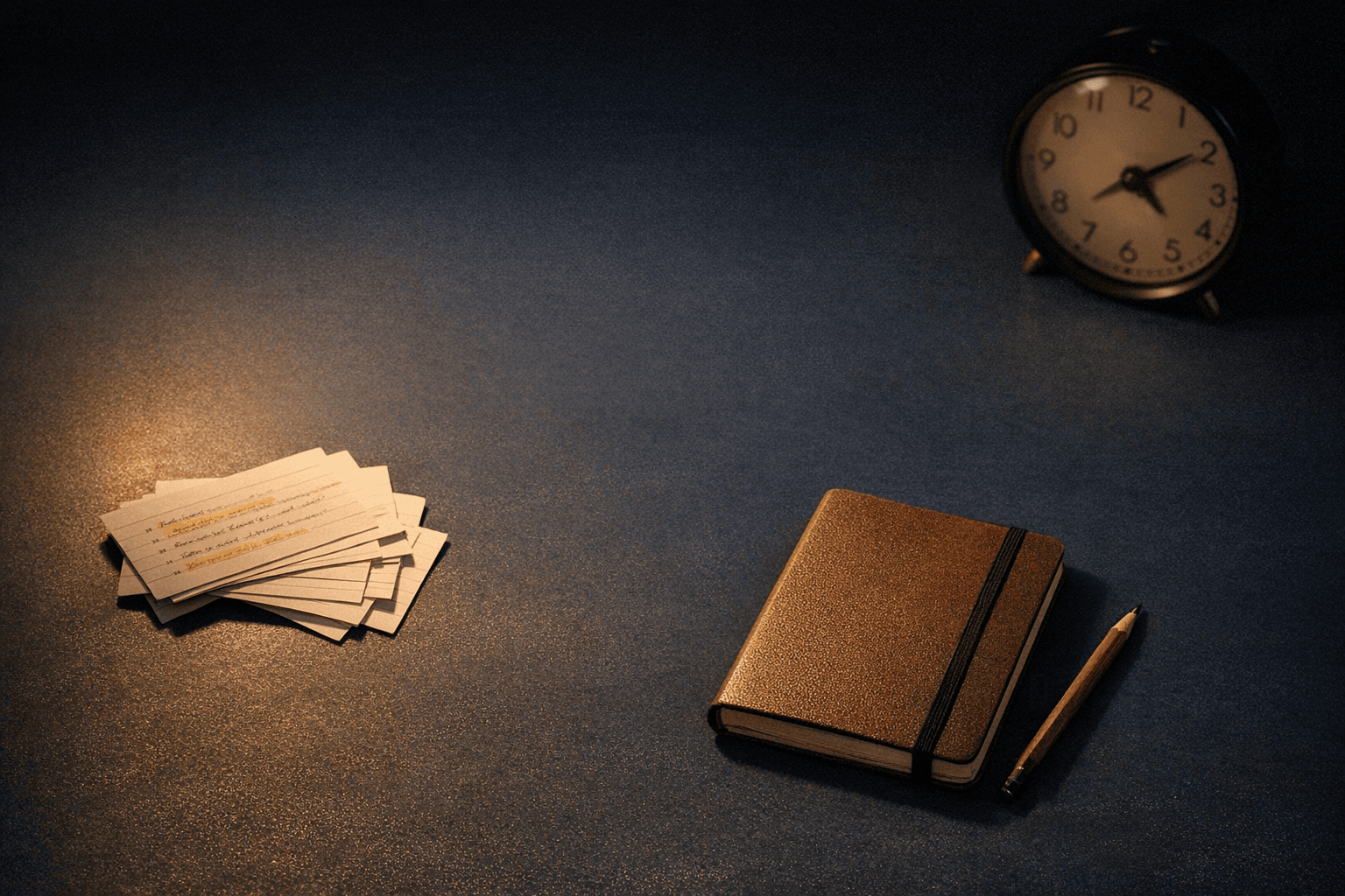 Mesa de estudio nocturna con cuaderno cerrado, lápiz y luz cálida sobre fondo azul oscuro