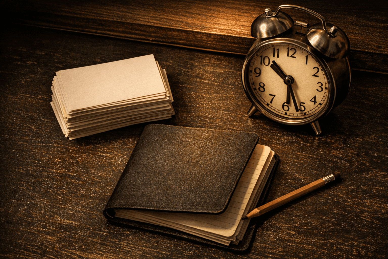 Bodegón editorial nocturno con tarjetas revisadas, reloj analógico y cuaderno listo para cerrar la sesión