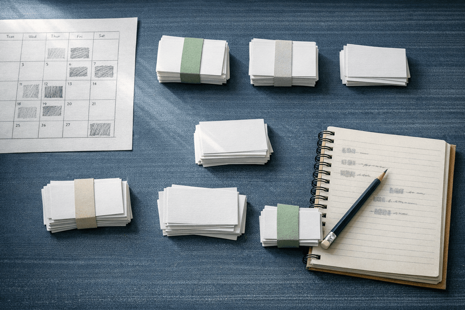 Plan de repaso distribuido en varios días con tarjetas corregidas y calendario marcado a lápiz