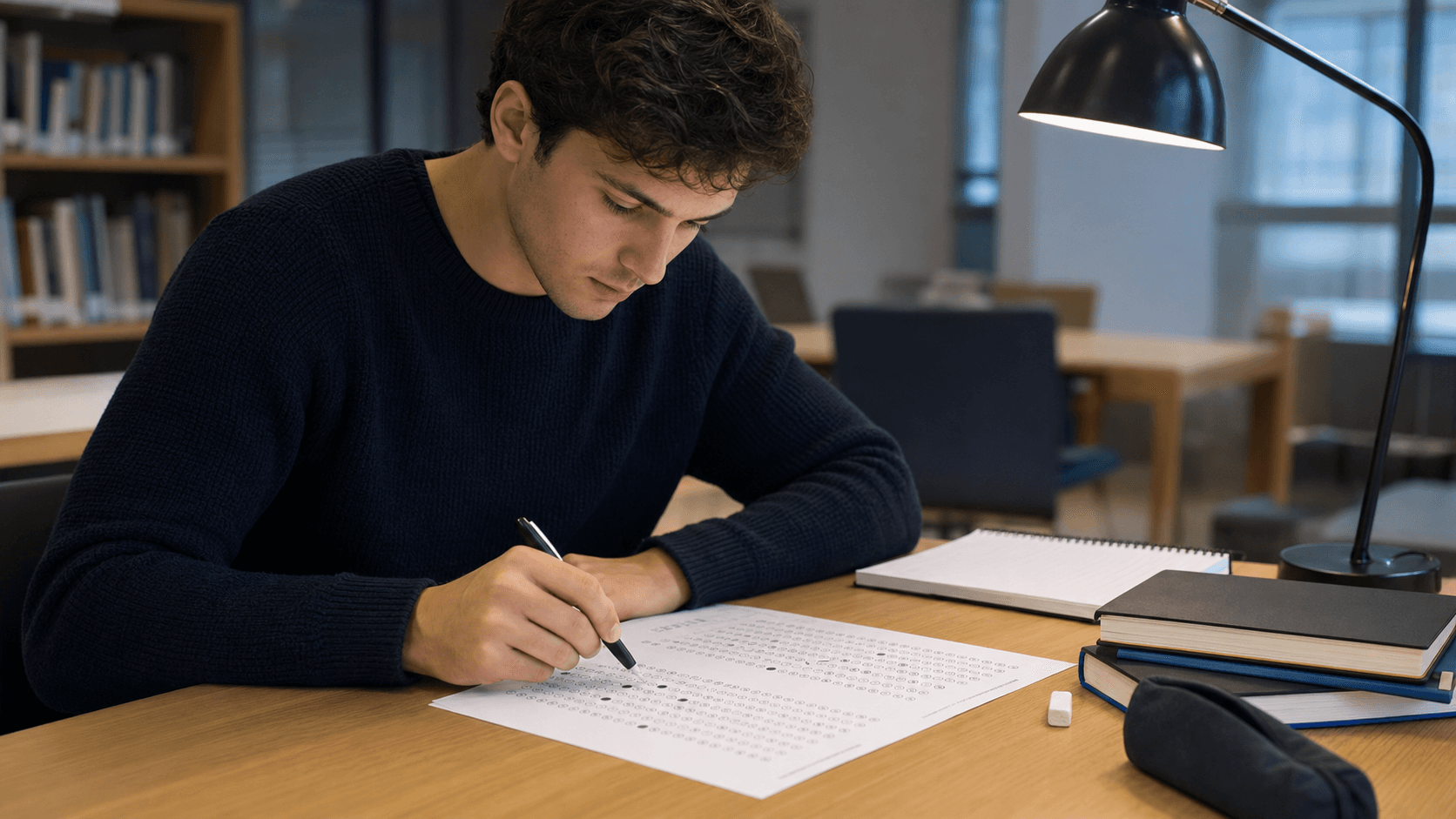Opositor resolviendo un tipo test de oposición en una mesa de estudio