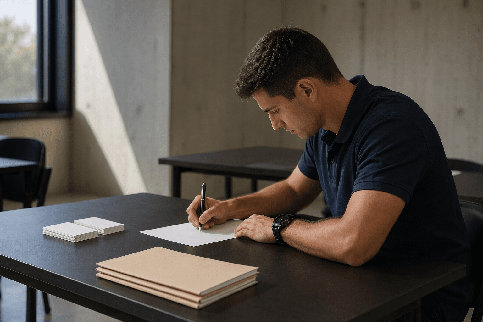 Aspirante en aula de estudio escribiendo de memoria con apuntes boca abajo a un lado
