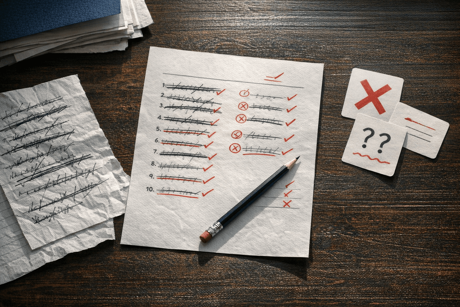 Cuaderno con intentos de recuerdo corregidos a lápiz junto a tarjetas de error y un test revisado