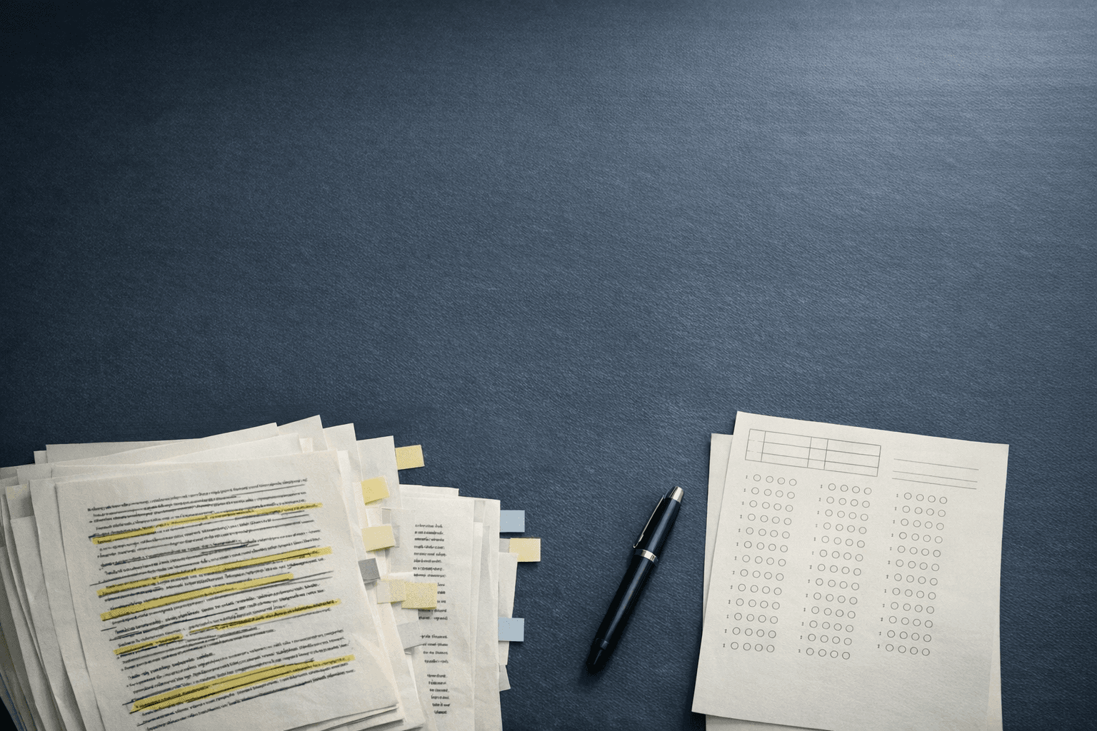 Apuntes subrayados junto a una hoja de examen en blanco sobre una mesa oscura