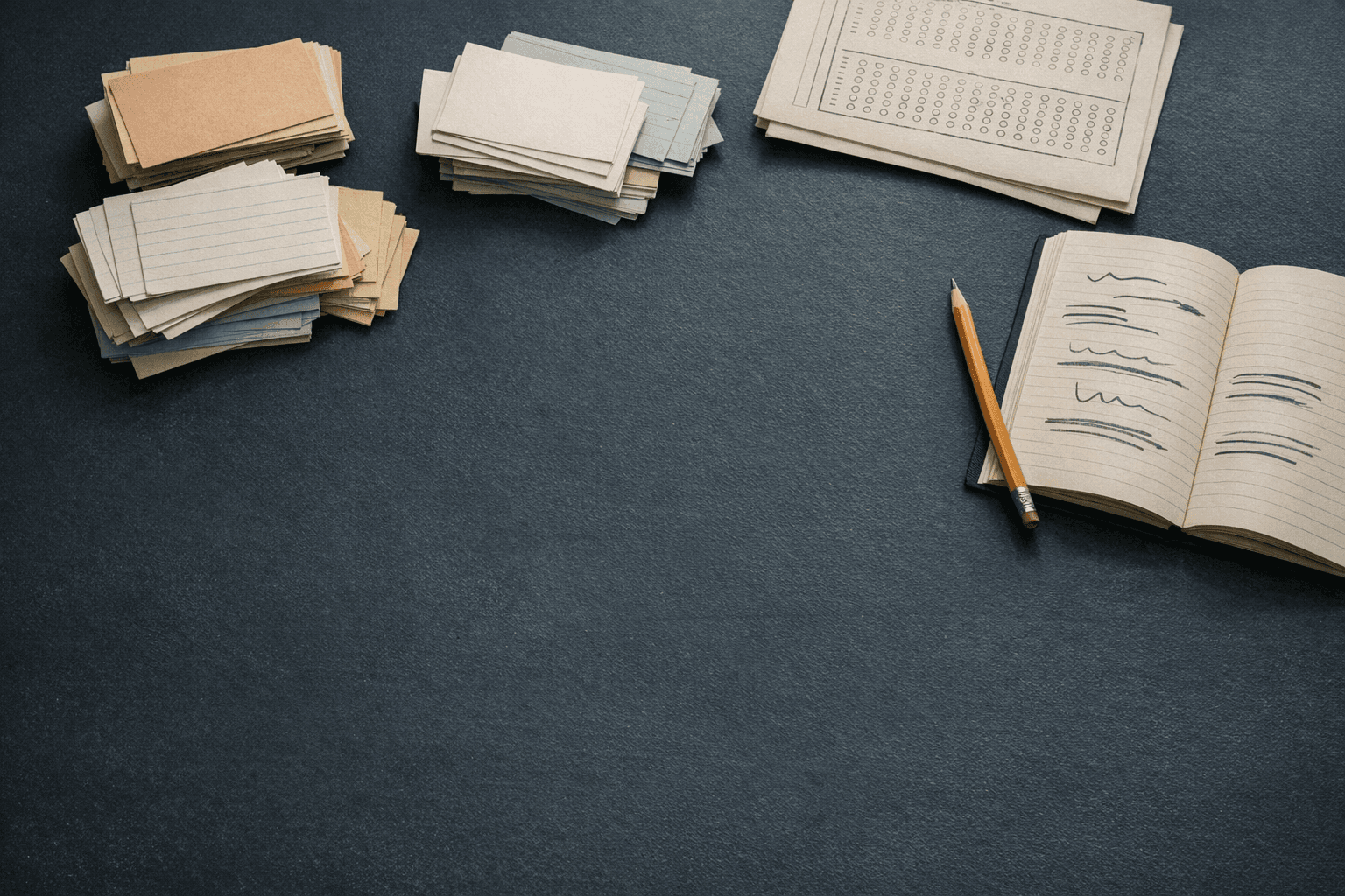 Mesa de estudio con tarjetas de distintas materias mezcladas sobre un fondo azul oscuro