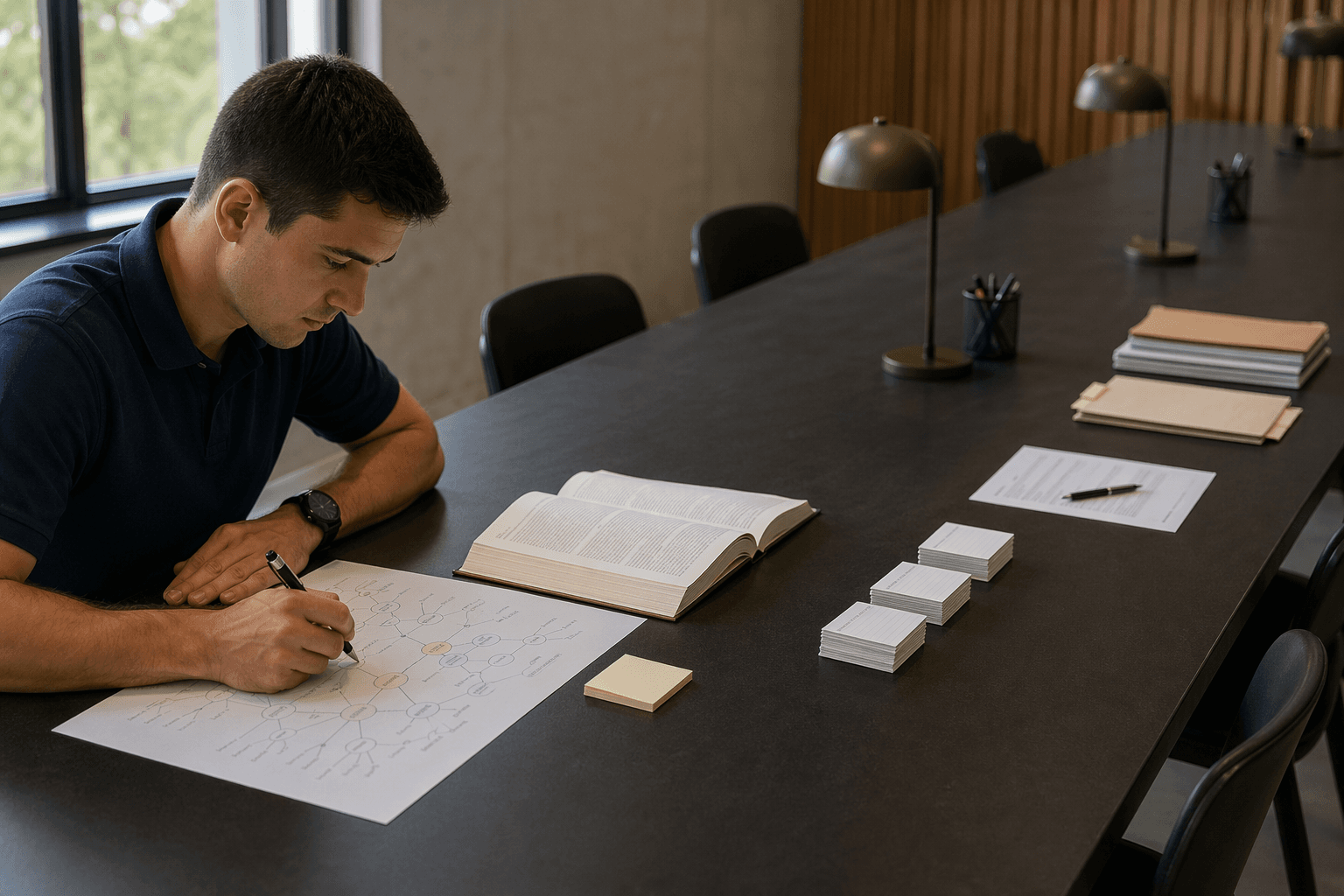 Mesa larga de sala de estudio con cinco estaciones de trabajo ordenadas de mapa a repaso