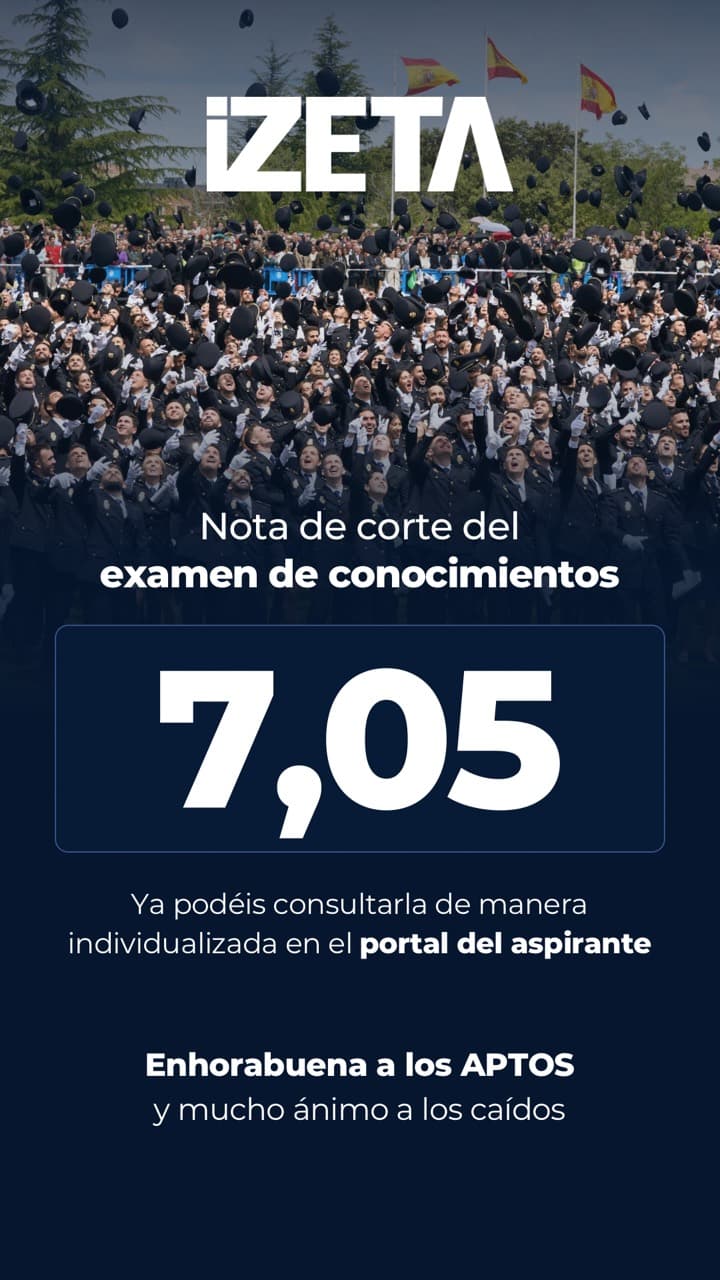 Cartel de IZETA con la nota de corte de conocimientos de la P43: 7,05 puntos