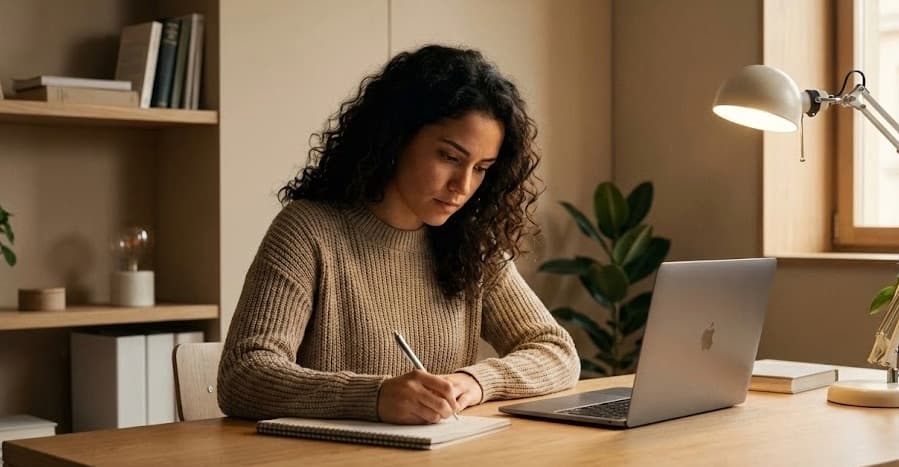 Estudiante de oposiciones concentrada repasando con libreta y portátil
