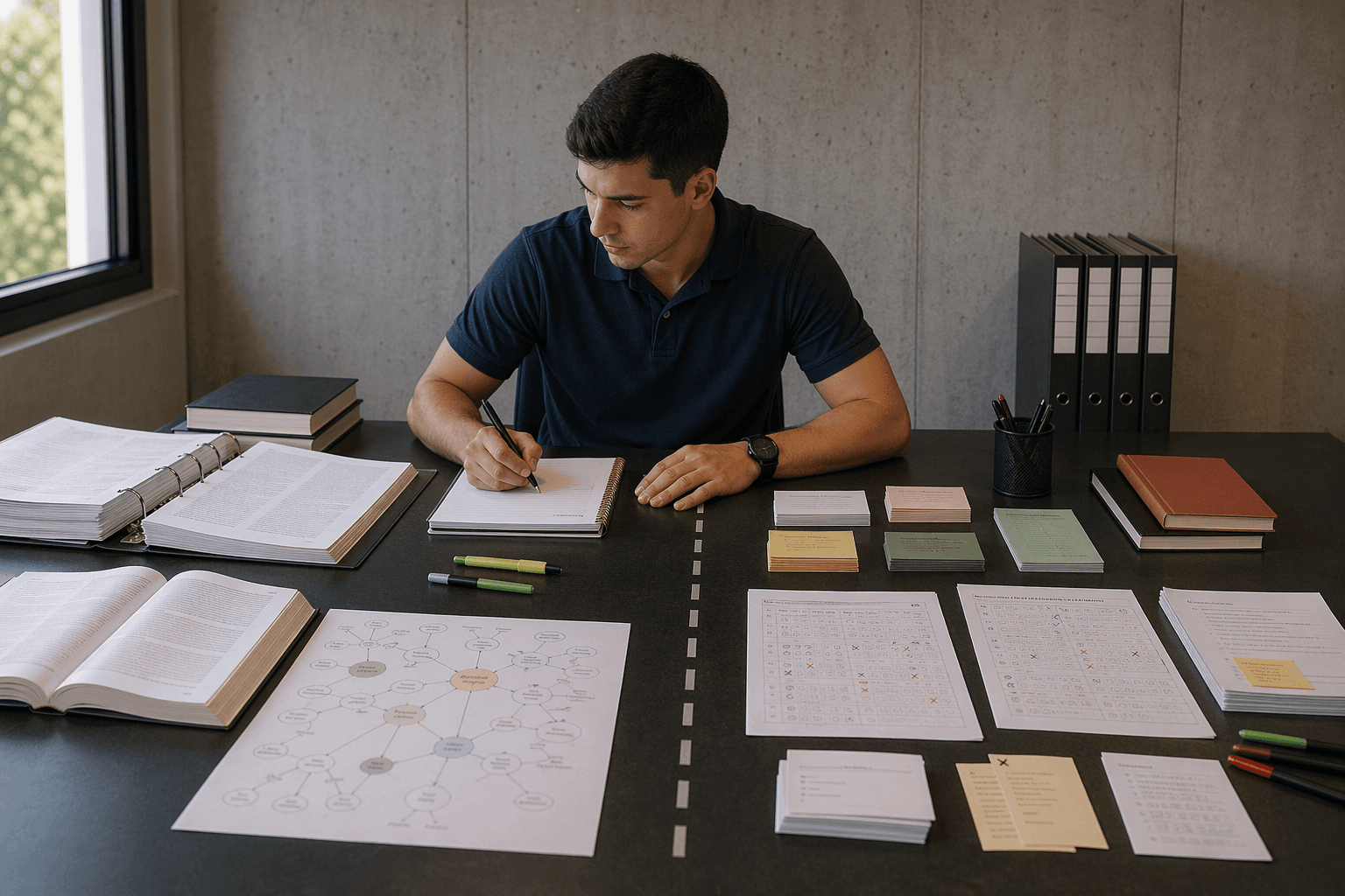Dos zonas de estudio en una misma mesa: entrada amplia al tema y repaso selectivo por errores