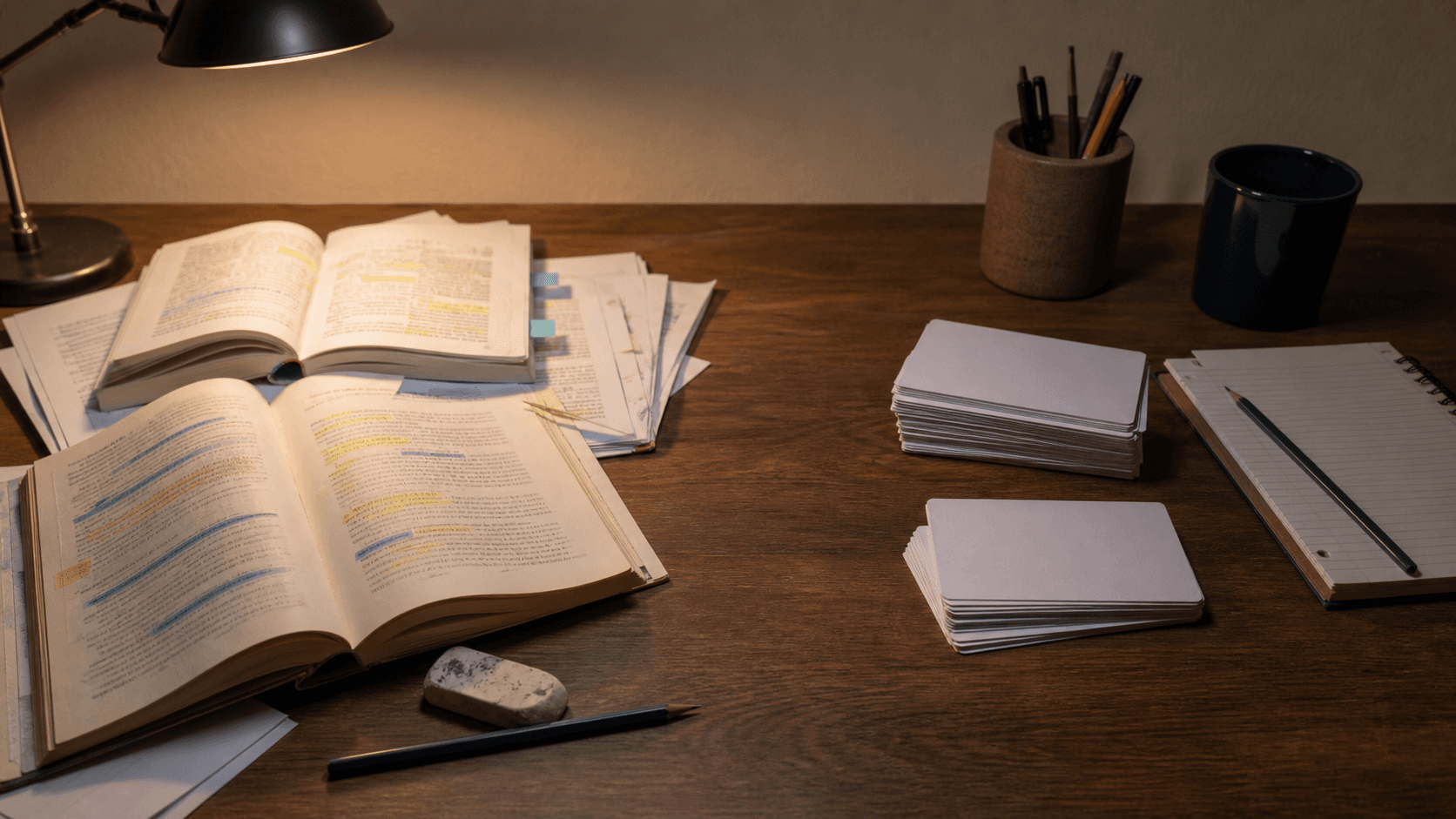 Mesa de estudio con libros subrayados a un lado y tarjetas de repaso ordenadas al otro