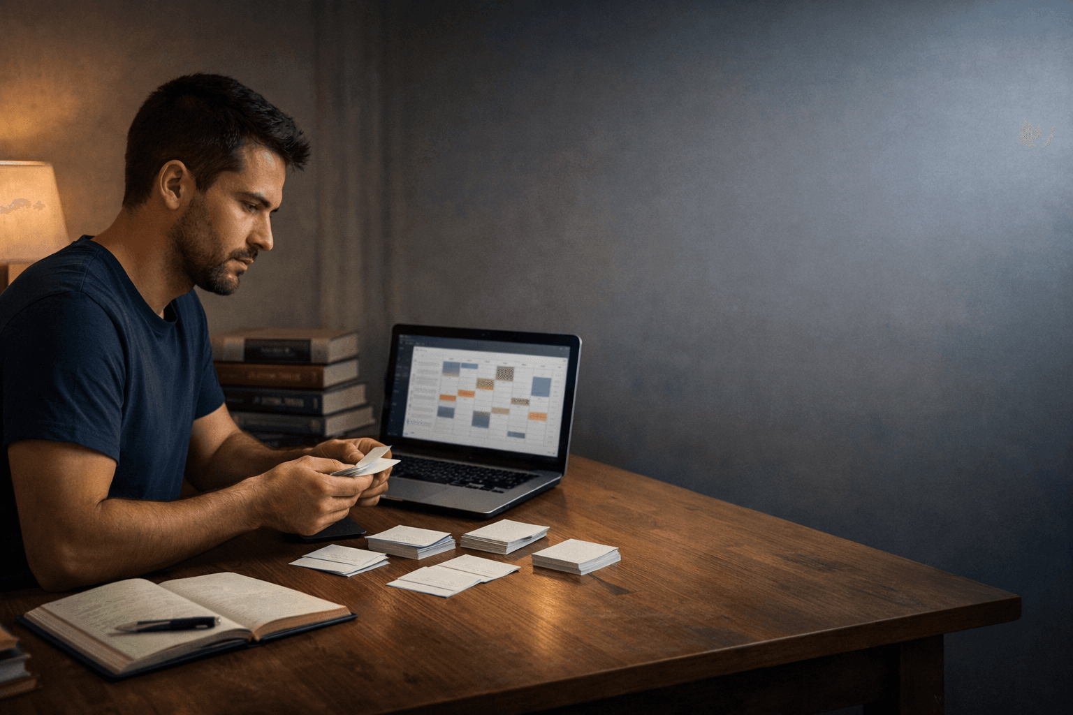 Opositor planificando repasos con tarjetas y calendario adaptativo en pantalla