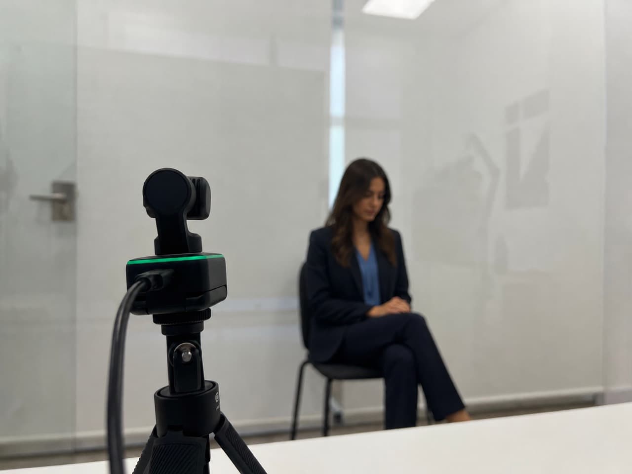 Set de grabación de la entrevista personal de IZETA, con una opositora preparando su defensa.