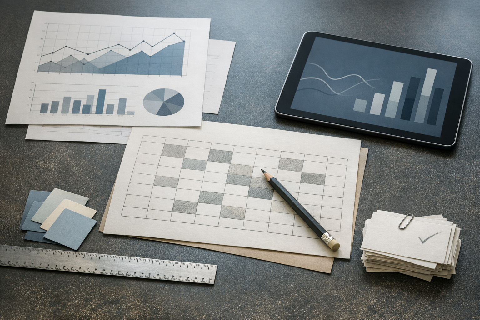 Fotografía editorial sobria con papeles anotados, gráficos impresos y lectura analítica del rendimiento