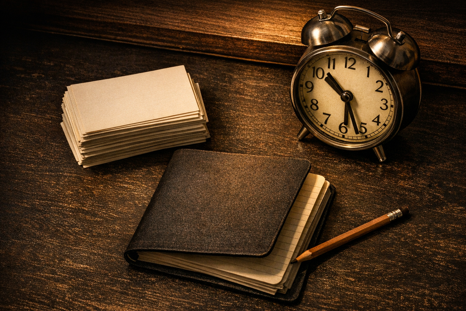 Bodegón editorial nocturno con tarjetas revisadas, reloj analógico y cuaderno listo para cerrar la sesión