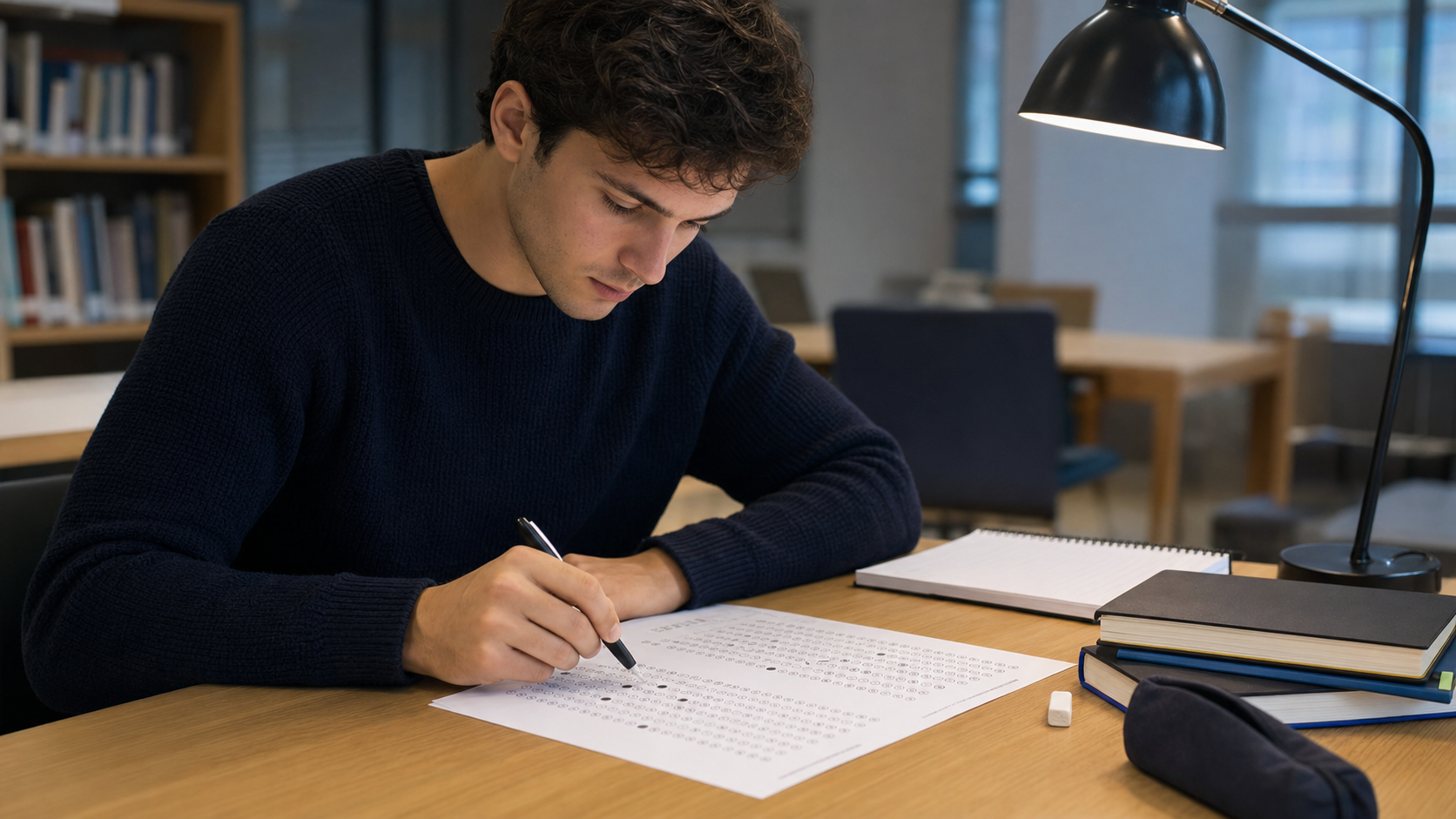 Opositor resolviendo un tipo test de oposición en una mesa de estudio