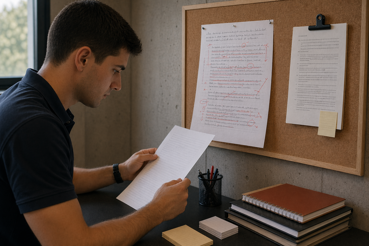 Hoja corregida en un corcho de estudio con marcas de revisión y comparativa de errores