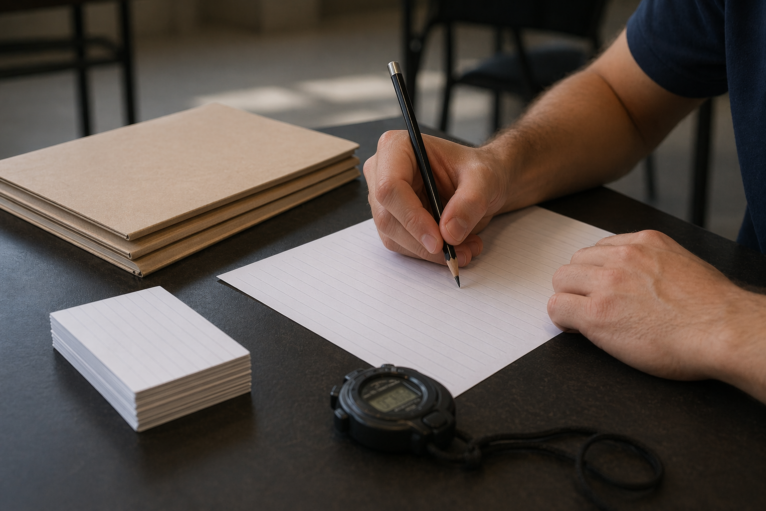 Primer plano de una respuesta escrita de memoria en un aula, con apuntes cerrados y tarjetas aparte
