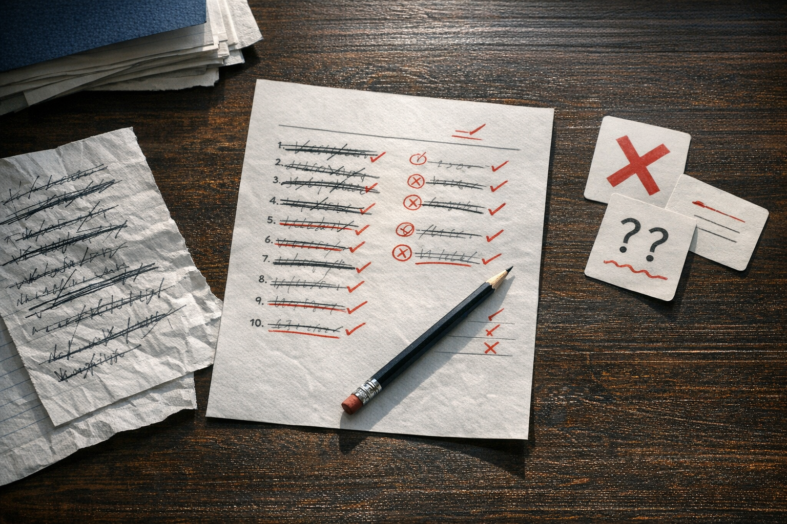 Cuaderno con intentos de recuerdo corregidos a lápiz junto a tarjetas de error y un test revisado