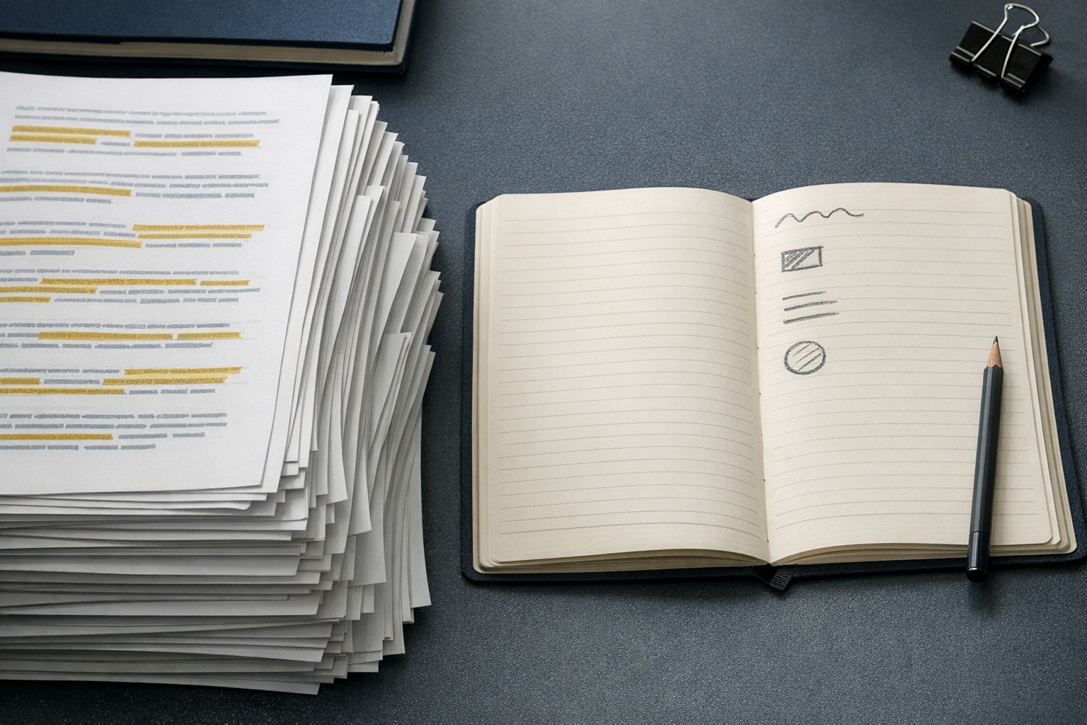 Bodegón editorial con páginas subrayadas, separadores y una hoja de respuesta vacía para sugerir familiaridad engañosa