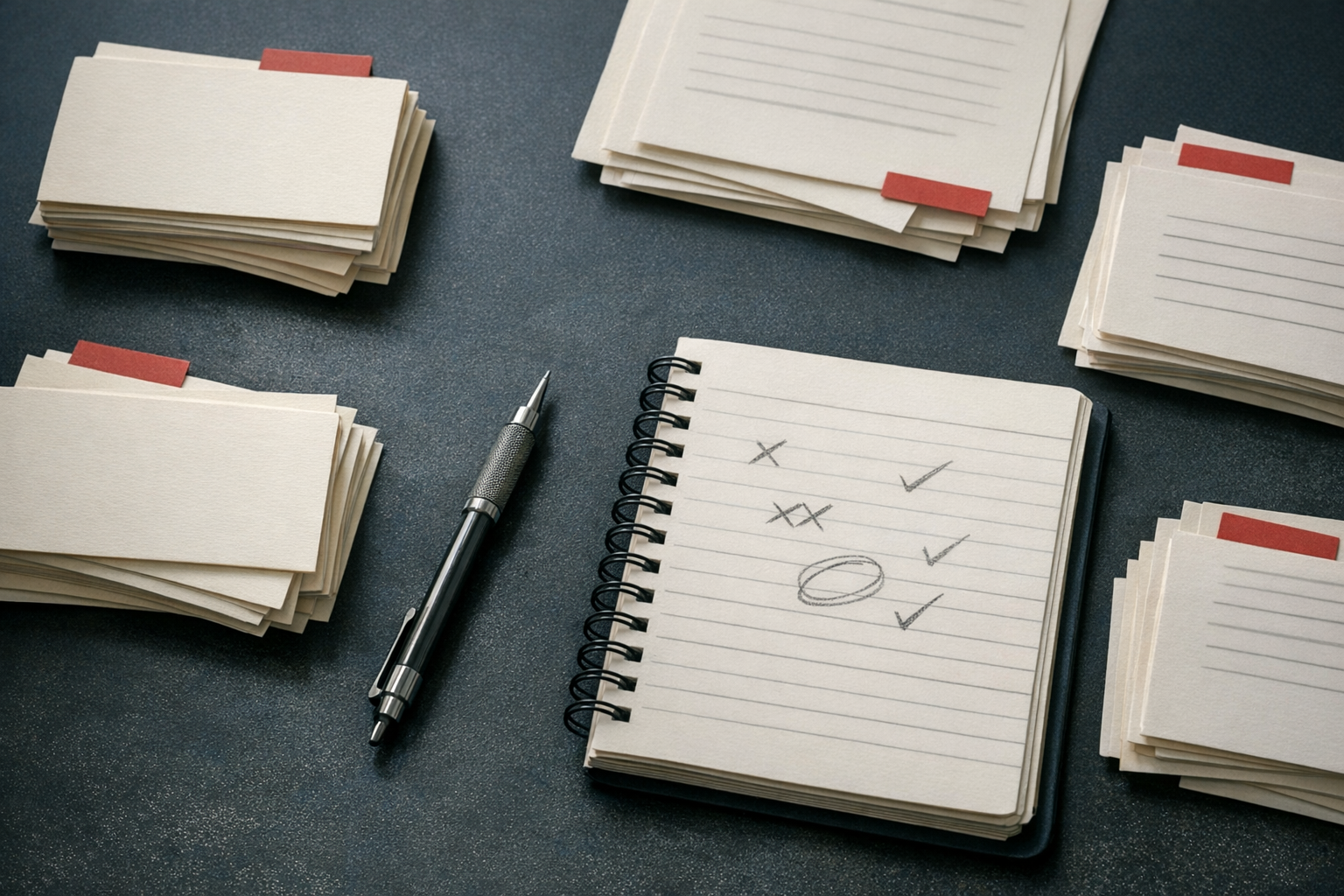 Bodegón editorial con fichas de estudio distribuidas por materias cercanas para sugerir práctica intercalada