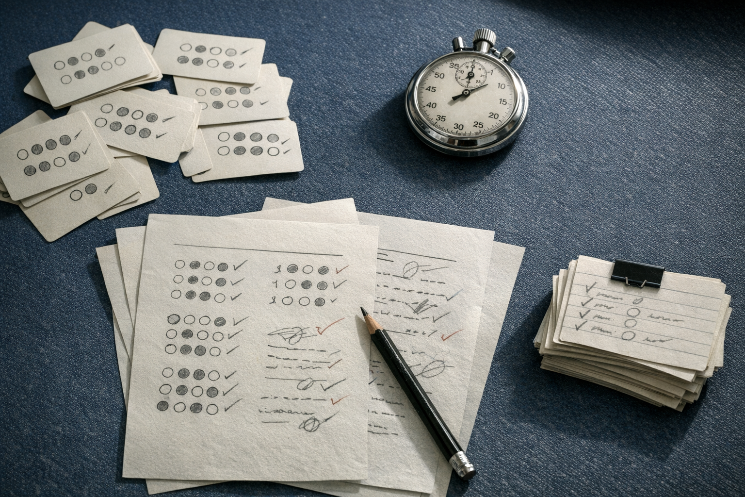 Papeles de simulacro, tarjetas revisadas y cuaderno de errores en una secuencia de estudio variada