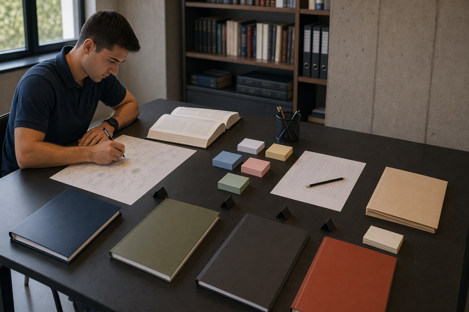 Cinco estaciones de estudio distintas sobre una mesa de academia: estructura, comprensión, memoria, test y repaso