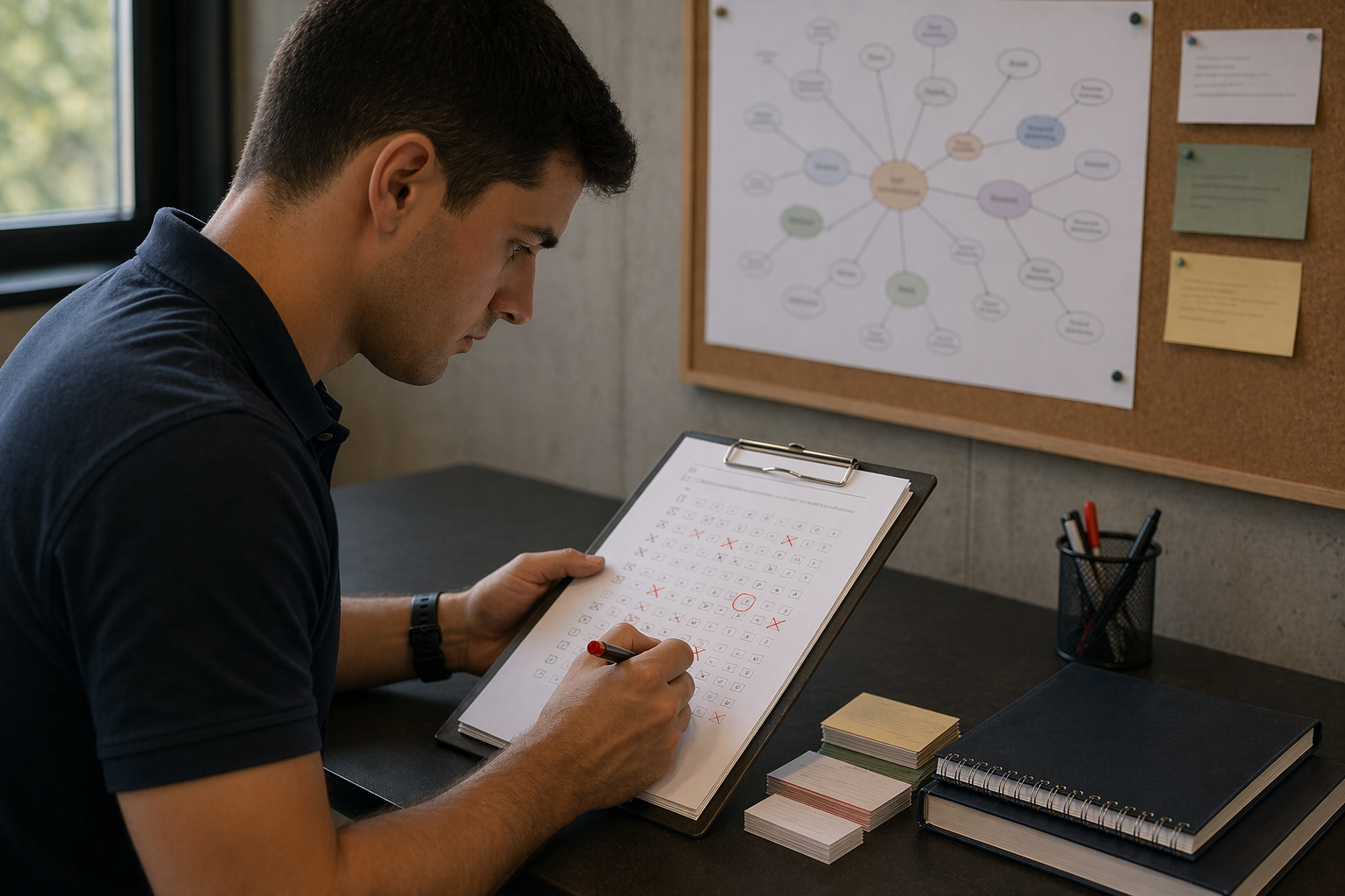 Opositor corrigiendo un simulacro con esquema previo al fondo y tarjetas de repaso cerca