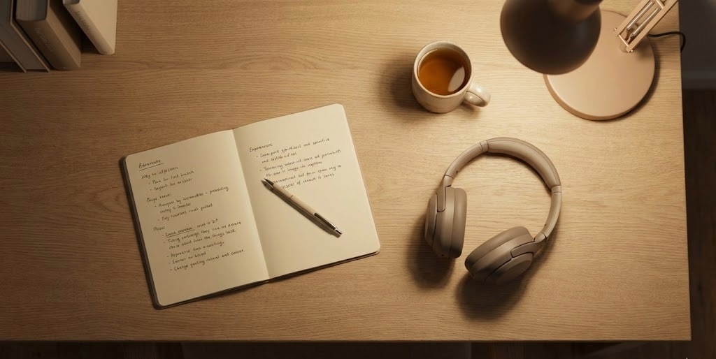 Mesa de estudio limpia con libreta abierta, cascos y sin móvil a la vista: el entorno ideal de concentración