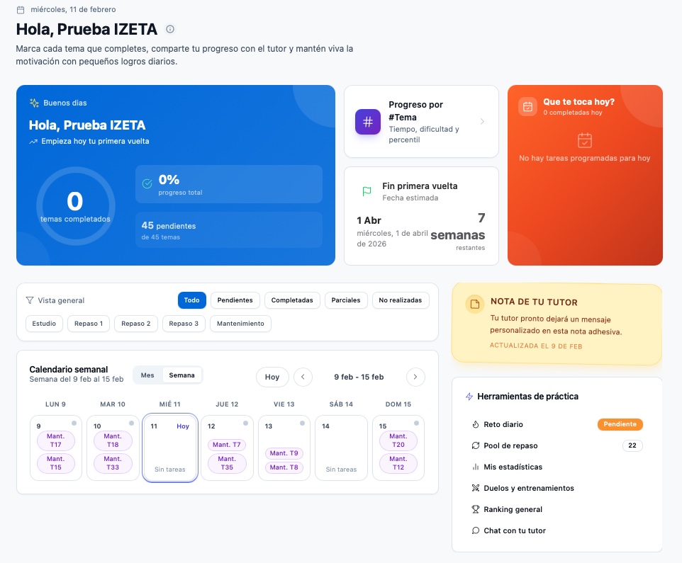 Planificador mensual de iZETA: cada día muestra exactamente qué temas toca repasar