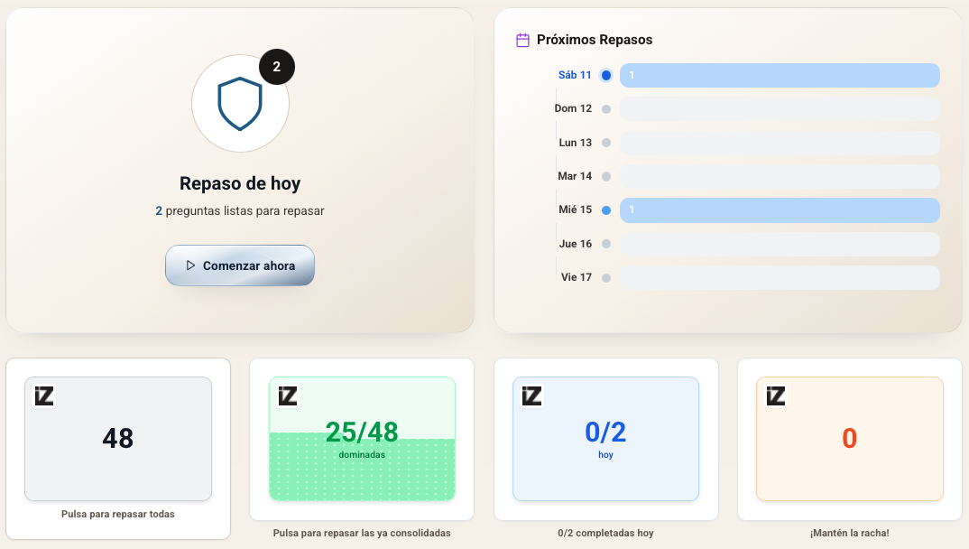 Vista del pool y de los próximos repasos dentro de izeta.app